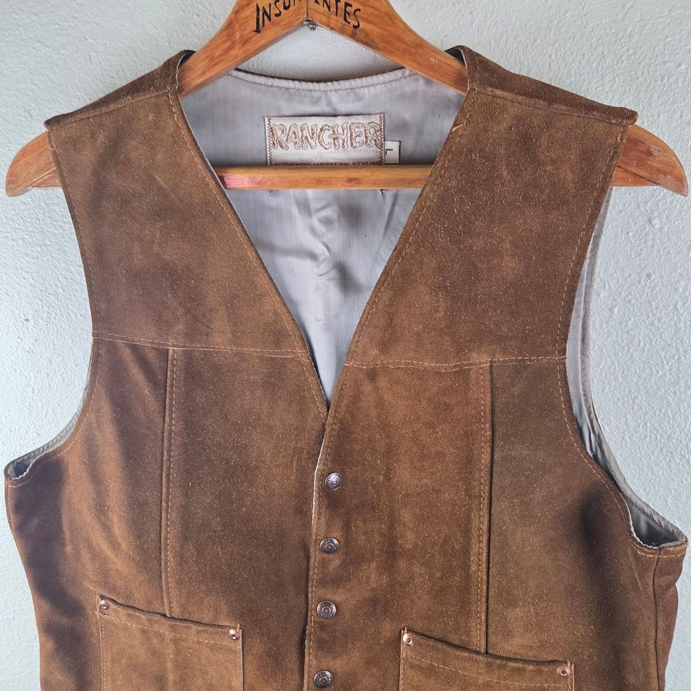 Rancher By Schott Vintage Brown Leather Suede Western Snap Men Vest Size Large - Picture 9 of 16